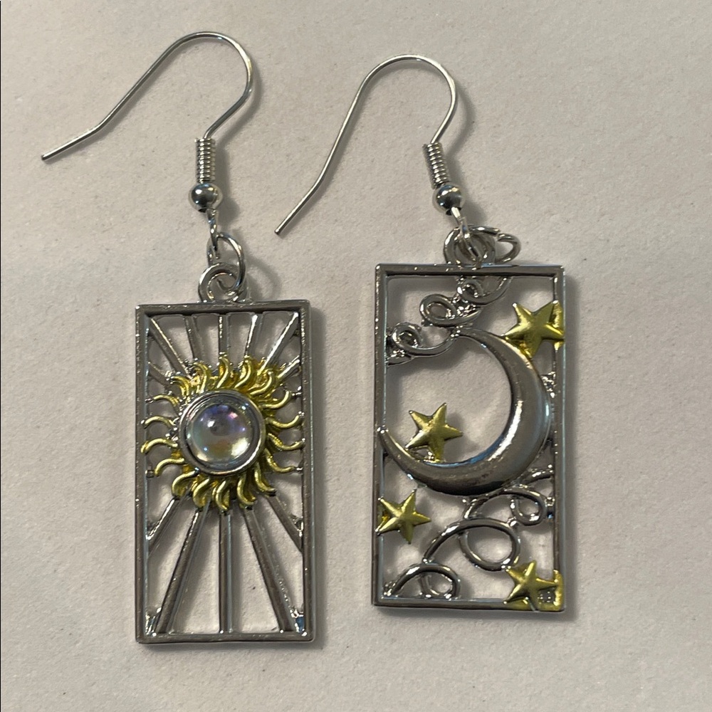 Silver and Gold Sun and Moon Earrings - Picture 10 of 12